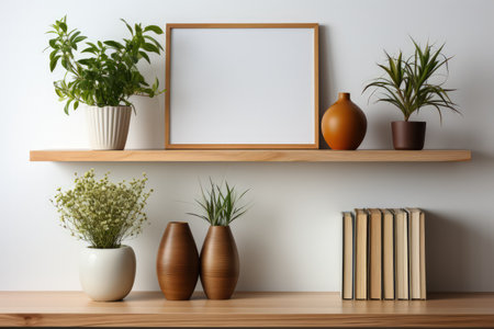 Scandi style interior with Green plants in pot, wooden book shelf with empty space. Made with Generative AIの素材