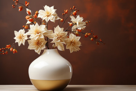 Luxury wall and vase with beautiful flowers in vase decoration, textured wall, empty space. Made with Generative AIの素材