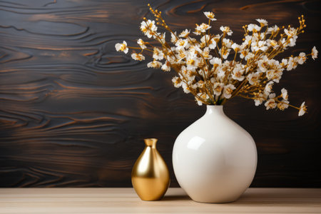 Luxury wall and vase with beautiful flowers in vase decoration, textured wall, empty space. Made with Generative AIの素材