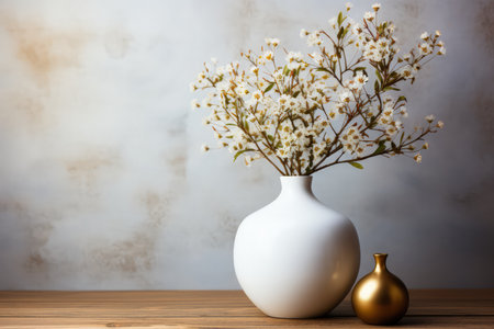 Luxury wall and vase with beautiful flowers in vase decoration, textured wall, empty space. Made with Generative AIの素材