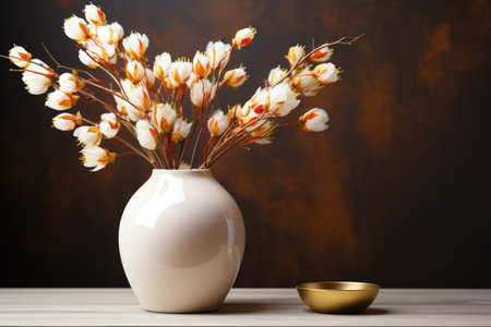 Luxury wall and vase with beautiful flowers in vase decoration, textured wall, empty space. Made with Generative AIの素材