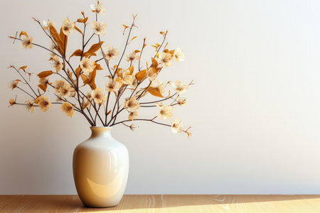 Luxury wall and vase with beautiful flowers in vase decoration, textured wall, empty space. Made with Generative AIの素材