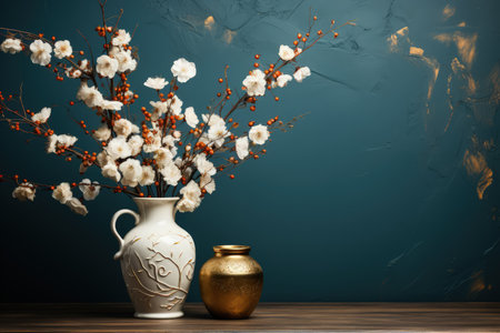Luxury wall and vase with beautiful flowers in vase decoration, textured wall, empty space. Made with Generative AIの素材
