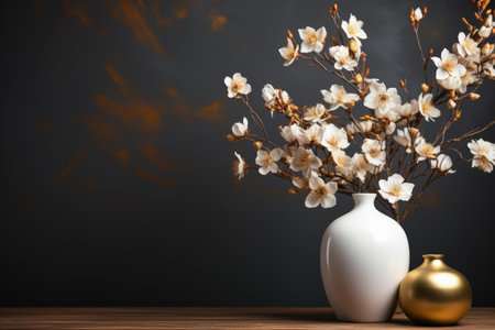 Luxury wall and vase with beautiful flowers in vase decoration, textured wall, empty space. Made with Generative AIの素材