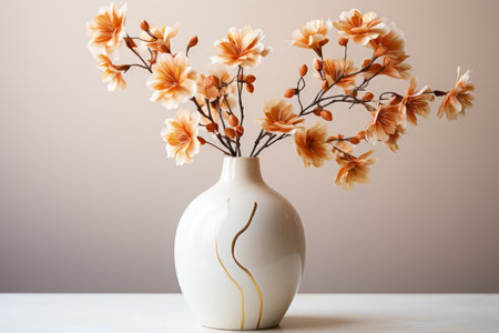 Luxury wall and vase with beautiful flowers in vase decoration, textured wall, empty space. Made with Generative AIの素材