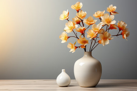 Luxury wall and vase with beautiful flowers in vase decoration, textured wall, empty space. Made with Generative AIの素材