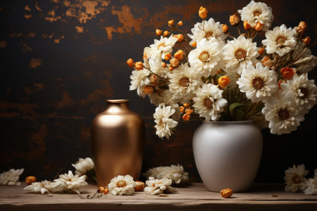 Golden frame mockup with copy space for artwork, luxury photo or print presentation. Luxury dark wall and vase with flower decoration. Made with Generative AIの素材