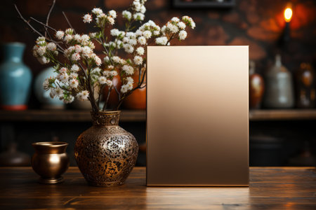 Golden frame mockup with copy space for artwork, luxury photo or print presentation. Luxury dark wall and vase with flower decoration. Made with Generative AIの素材