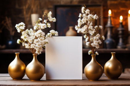 Golden frame mockup with copy space for artwork, luxury photo or print presentation. Luxury dark wall and vase with flower decoration. Made with Generative AIの素材
