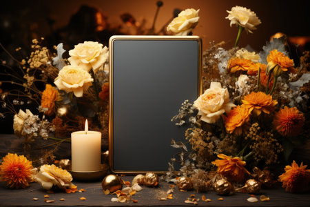 Golden frame mockup with copy space for artwork, luxury photo or print presentation. Luxury dark wall and vase with flower decoration. Made with Generative AIの素材