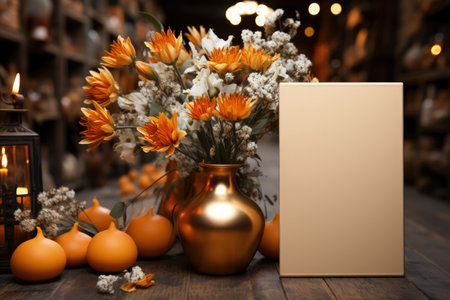 Golden frame mockup with copy space for artwork, luxury photo or print presentation. Luxury dark wall and vase with flower decoration. Made with Generative AIの素材