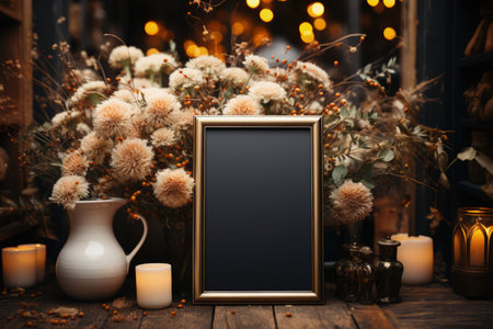 Golden frame mockup with copy space for artwork, luxury photo or print presentation. Luxury dark wall and vase with flower decoration. Made with Generative AIの素材