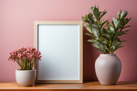 Golden frame mockup with copy space for artwork, luxury photo or print presentation. Luxury dark wall and vase with flower decoration. Made with Generative AIの素材