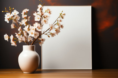 Frame mockup with copy space for artwork, luxury photo or print presentation. Scandi wall and vase with flowers. Made with Generative AIの素材