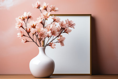 Frame mockup with copy space for artwork, luxury photo or print presentation. Scandi wall and vase with flowers. Made with Generative AIの素材