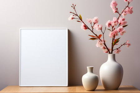 Frame mockup with copy space for artwork, luxury photo or print presentation. Scandi wall and vase with flowers. Made with Generative AIの素材