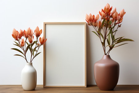 Frame mockup with copy space for artwork, luxury photo or print presentation. Scandi wall and vase with flowers. Made with Generative AIの素材