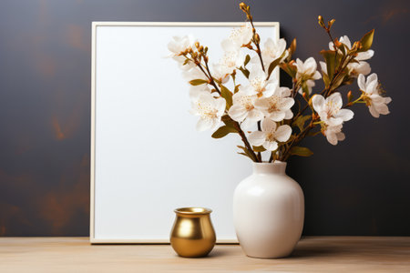Frame mockup with copy space for artwork, luxury photo or print presentation. Scandi wall and vase with flowers. Made with Generative AIの素材