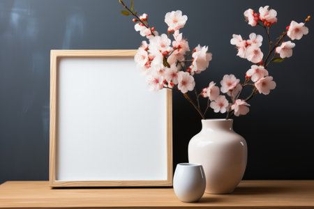 Frame mockup with copy space for artwork, luxury photo or print presentation. Scandi wall and vase with flowers. Made with Generative AIの素材