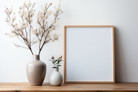 Frame mockup with copy space for artwork, luxury photo or print presentation. Scandi wall and vase with flowers. Made with Generative AIの素材