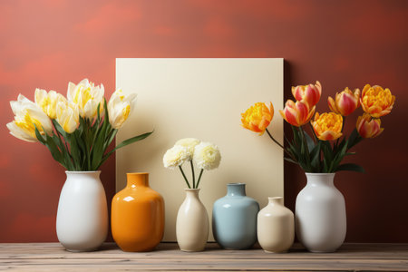 Frame mockup with copy space for artwork, luxury photo or print presentation. Scandi wall and vase with flowers. Made with Generative AIの素材