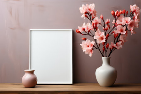Frame mockup with copy space for artwork, luxury photo or print presentation. Scandi wall and vase with flowers. Made with Generative AIの素材