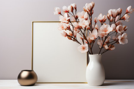 Frame mockup with copy space for artwork, luxury photo or print presentation. Scandi wall and vase with flowers. Made with Generative AIの素材