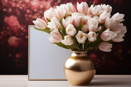 Frame mockup with copy space for artwork, luxury photo or print presentation. Scandi wall and vase with flowers. Made with Generative AIの素材