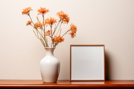 Frame mockup with copy space for artwork, luxury photo or print presentation. Scandi wall and vase with flowers. Made with Generative AIの素材