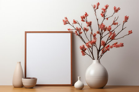 Frame mockup with copy space for artwork, luxury photo or print presentation. Scandi wall and vase with flowers. Made with Generative AIの素材