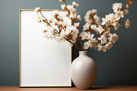 Frame mockup with copy space for artwork, luxury photo or print presentation. Scandi wall and vase with flowers. Made with Generative AIの素材