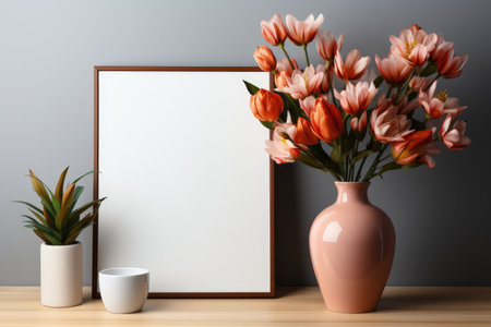 Frame mockup with copy space for artwork, luxury photo or print presentation. Scandi wall and vase with flowers. Made with Generative AIの素材