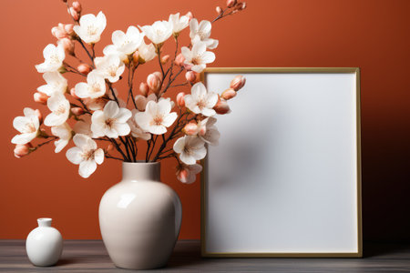 Frame mockup with copy space for artwork, luxury photo or print presentation. Scandi wall and vase with flowers. Made with Generative AIの素材