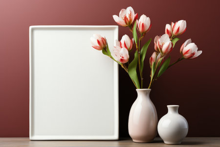 Frame mockup with copy space for artwork, luxury photo or print presentation. Scandi wall and vase with flowers. Made with Generative AIの素材