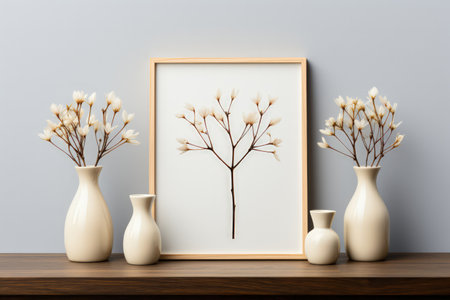 Frame mockup with copy space for artwork, luxury photo or print presentation. Scandi wall and vase with flowers. Made with Generative AIの素材