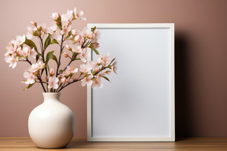 Frame mockup with copy space for artwork, luxury photo or print presentation. Scandi wall and vase with flowers. Made with Generative AIの素材