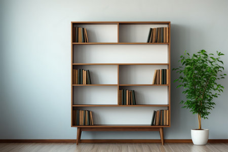 Scandi style interior with green plant in pot, pile of books and shelf on empty neutral wall background. Made with Generative AIの素材