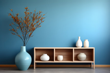 Scandi style interior with green plant in pot, pile of books and shelf on empty neutral wall background. Made with Generative AIの素材