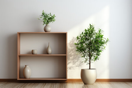 Scandi style interior with green plant in pot, pile of books and shelf on empty neutral wall background. Made with Generative AIの素材