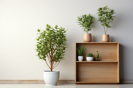 Scandi style interior with green plant in pot, pile of books and shelf on empty neutral wall background. Made with Generative AIの素材