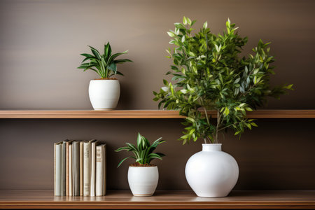 Scandi style interior with green plant in pot, pile of books and shelf on empty neutral wall background. Made with Generative AIの素材