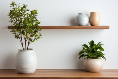 Scandi style interior with green plant in pot, pile of books and shelf on empty neutral wall background. Made with Generative AIの素材
