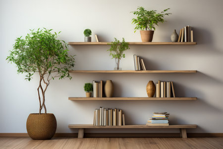 Scandi style interior with green plant in pot, pile of books and shelf on empty neutral wall background. Made with Generative AIの素材