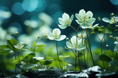 Floral fresh background in soft daylight with beautiful bokeh and pastel green colors, close-up macro. Made with Generative AIの素材