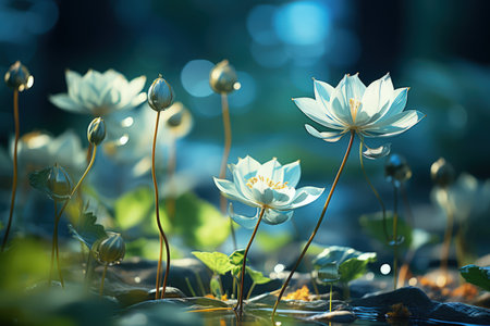 Floral fresh background in soft daylight with beautiful bokeh and pastel green colors, close-up macro. Made with Generative AIの素材