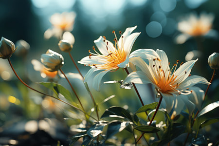 Floral fresh background in soft daylight with beautiful bokeh and pastel green colors, close-up macro. Made with Generative AIの素材