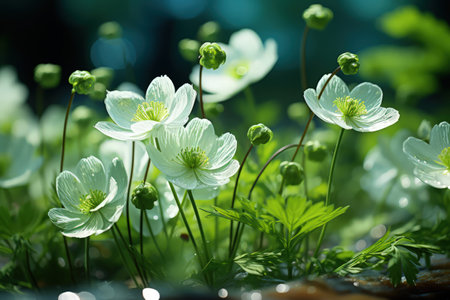 Floral fresh background in soft daylight with beautiful bokeh and pastel green colors, close-up macro. Made with Generative AIの素材