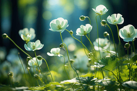 Floral fresh background in soft daylight with beautiful bokeh and pastel green colors, close-up macro. Made with Generative AIの素材