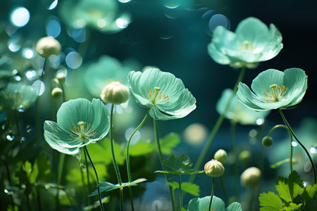 Floral fresh background in soft daylight with beautiful bokeh and pastel green colors, close-up macro. Made with Generative AIの素材