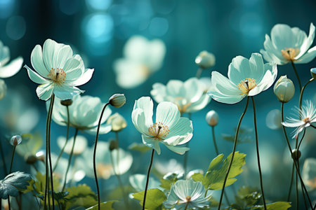 Floral fresh background in soft daylight with beautiful bokeh and pastel green colors, close-up macro. Made with Generative AIの素材